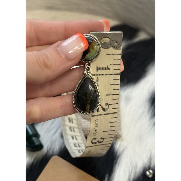 Native American Sterling Silver Large Double Stone Blackjack Turquoise Earrings - Picture 11 of 11